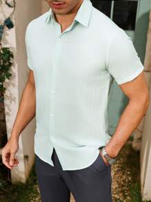 Manfinity Homme Nam Textured Ngắn tay Áo sơ mi Cho mùa hè - Màu xanh Bạc hà - Xem 3