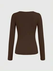 INAWLY Camiseta ajustada de punto con botones de media tapeta, manga larga de punto acanalado para mujer de primavera/verano - Marrón - Ver 2