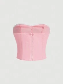 SHEIN MOD Top sans bretelles en satin à volants avec décoration nœud pour femmes - Rose bonbon - Voir 2