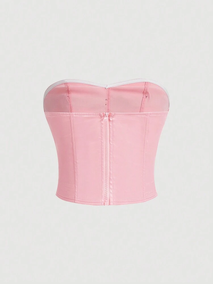 Women's Satin Peplum Strapless Top With Bow Decoration