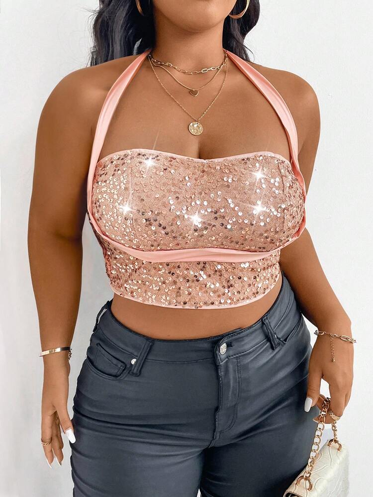 Plus Size Sparkly Square Neck Crop Top With Slim Fit And Patchwork Design