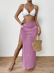 SHEIN Swim 女士海滩度假侧开衩腰系带罩衫裙夏季 - 玫紅色 - 查看 4
