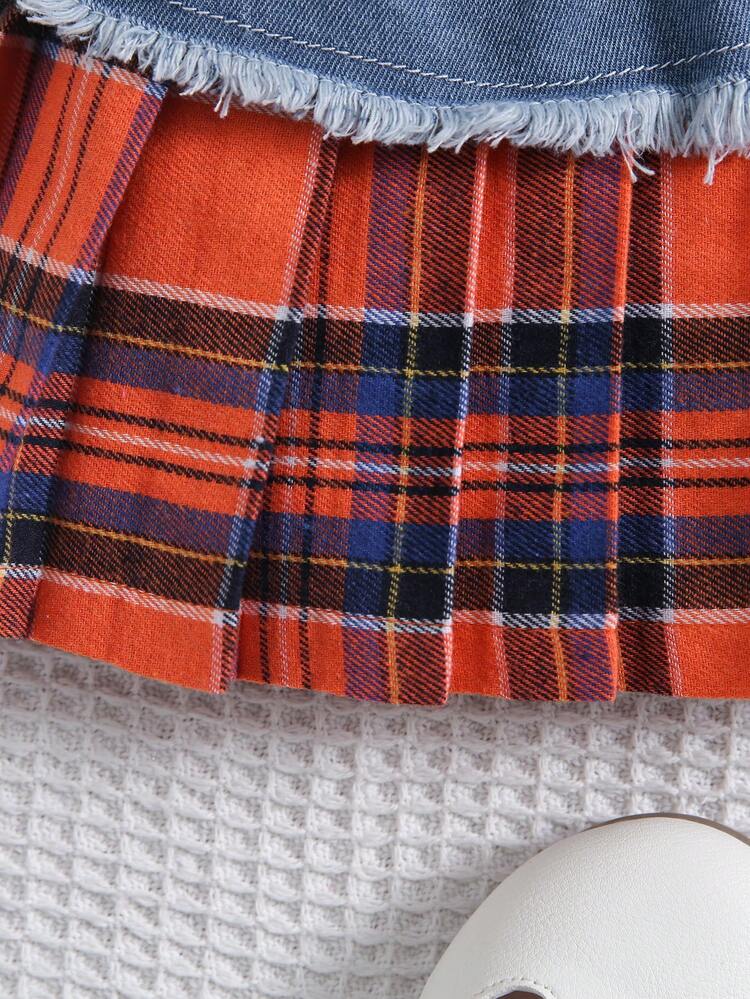 Baby Girl Frayed Denim And Plaid Pleated Skirt With Washed Design