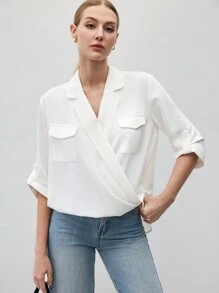 BizChic Women's Casual White V-Neck Rolled Sleeve Loose Fit Summer Blouse - White - View 1