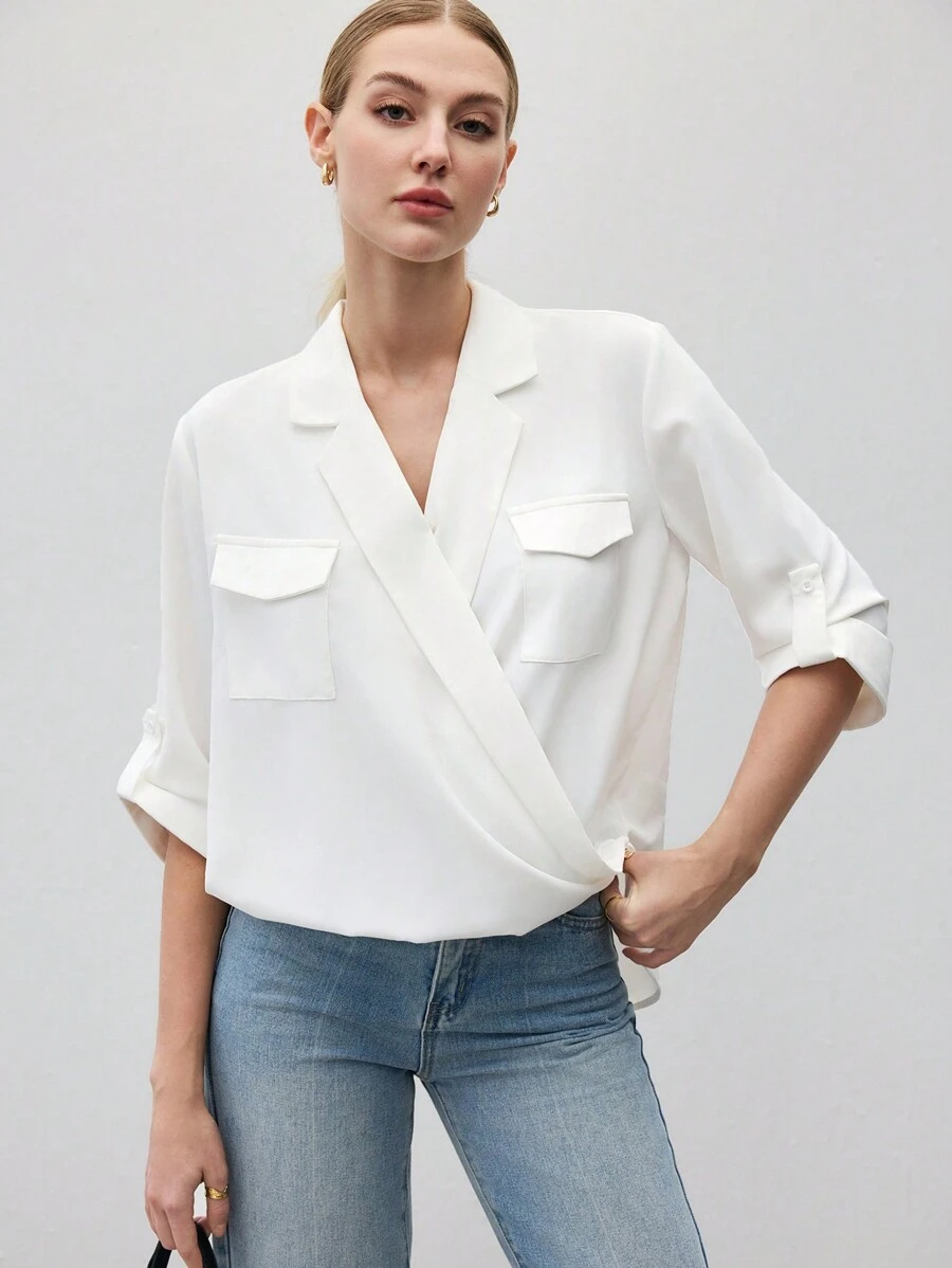 BizChic Women's Casual White V-Neck Rolled Sleeve Loose Fit Summer Blouse - White - View 1