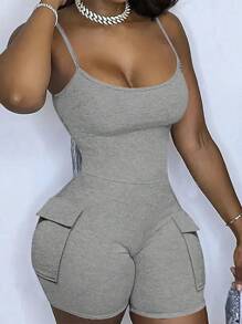 Slaydiva 純色無袖翻蓋口袋緊身連身褲 - 淺灰色 - 查看 1