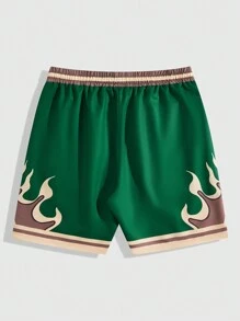 ROMWE MEN Street Life 男士抽绳撞色火焰印花短裤，夏季，校园 - 綠色 - 查看 2