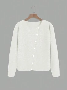 SHEIN Unity Của phụ nữ Màu thuần Không đối xứng Nút Giải trí Áo len Mở - trắng - Xem 1