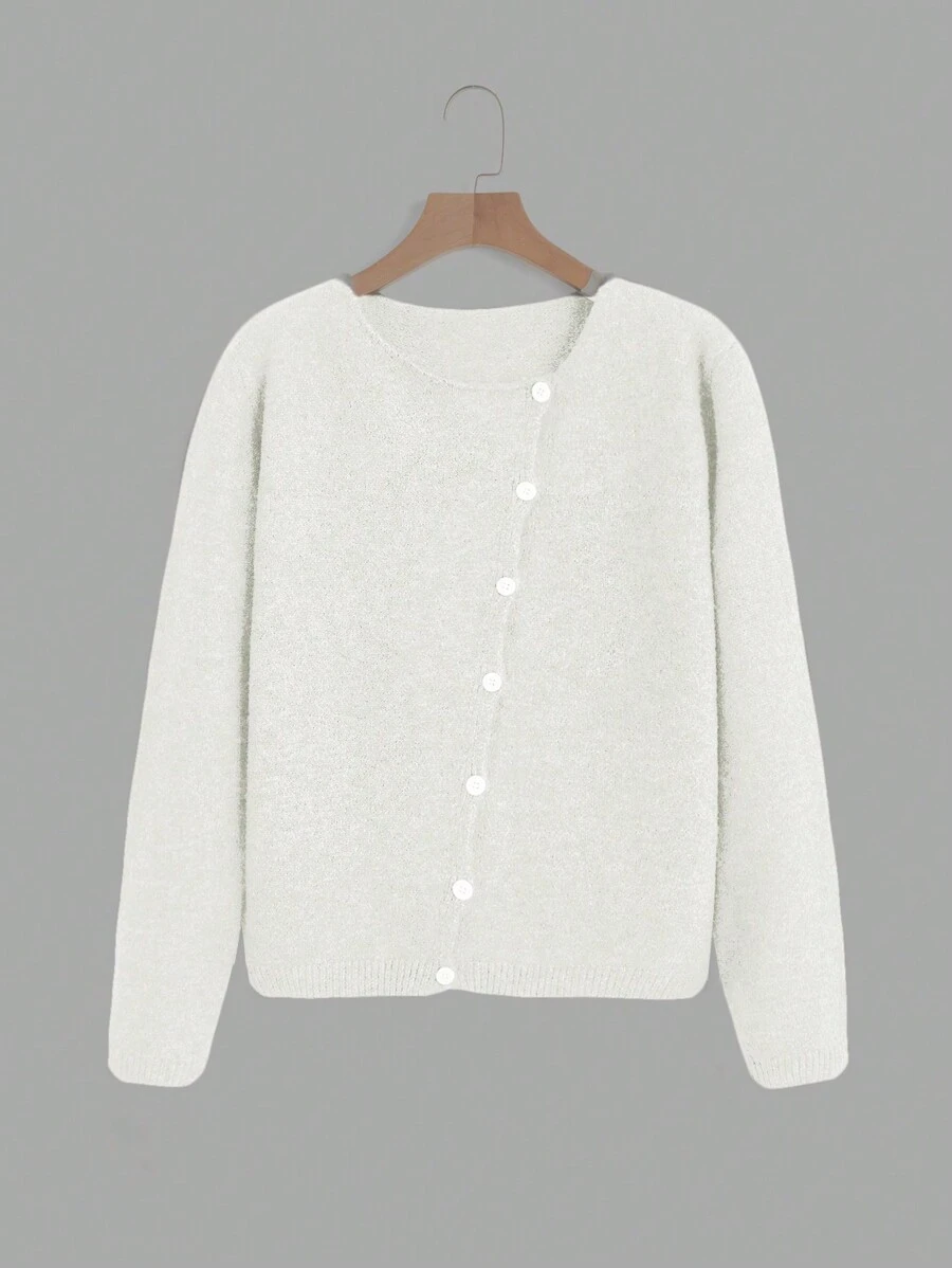SHEIN Unity Của phụ nữ Màu thuần Không đối xứng Nút Giải trí Áo len Mở - trắng - Xem 1
