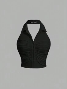 SHEIN MOD Parte superior sin mangas de cuello halter plisada de unicolor para mujer, para ocasiones casuales de verano