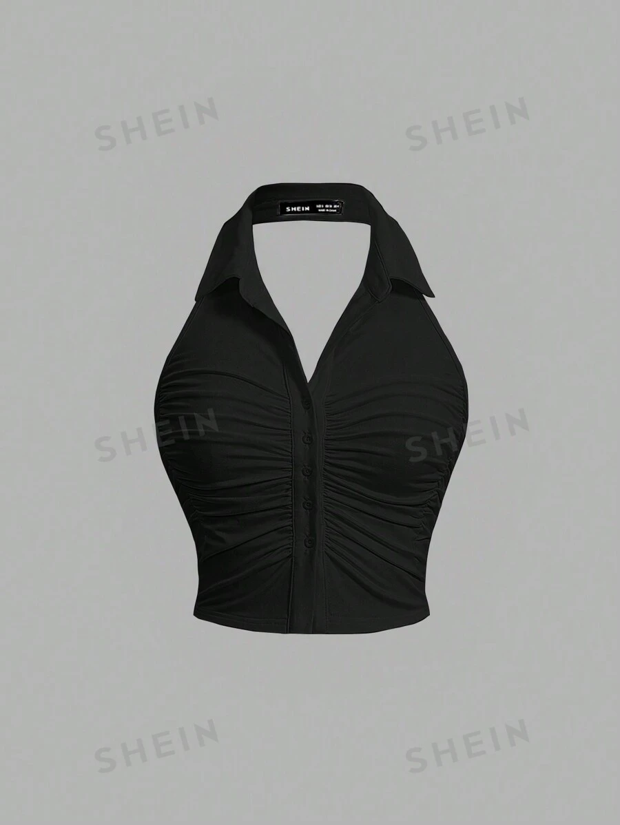 SHEIN MOD Parte superior sin mangas de cuello halter plisada de unicolor para mujer, para ocasiones casuales de verano