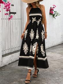 SHEIN Holidaya Đầm cổ yếm in họa tiết đen trắng thời trang dành cho nữ (In ngẫu nhiên) Trang phục đi biển dài ngày - màu đen - Xem 5