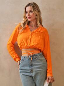 Shein Camisa Feminina Viscose Manga Longa Cropped - Coral - Visão 5