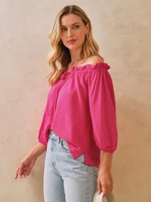 SHEIN Cà vạt Viền Ruffle Áo sơ mi - Màu Hồng Tươi - Xem 3