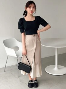 FRIFUL Camiseta Feminina Com Mangas Bufantes, Gola Redonda E Laço Nas Costas, Cor Sólida - Preto - Ver 2