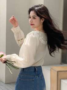 DAZY 撞色蕾丝个性领衬衫长袖上衣 - 杏色 - 查看 2