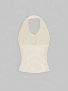 Sweetra Của phụ nữ Kết cấu Chất vải Halter Neck Knit ngọn - Màu be - Xem 2
