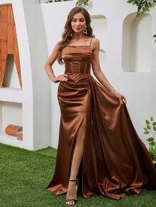 Satin Waist Tied High Slit Maxi Bridesmaid Dress - Brown - View 5