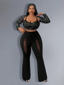 Maweii Tamaño Grande Top Corto De Manga Larga Con Lentejuelas De Malla Y Cuello Halter Para Mujeres - Negro - Ver 3