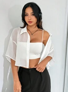 SHEIN EZwear Camisa Transparente Con Botones Y Hombro Caído