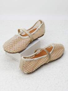 Golden Breathable Mesh Fabric With Random Rhinestone Texture And Elastic Straps, Round Toe Comfortable Flat Shoes For Girls' Daily Wear And Vacation