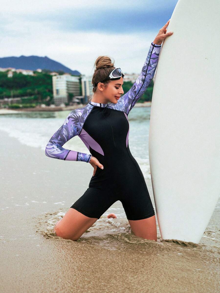 Swim SPRTY Summer Beach Contrast Tropical Printed Long Sleeve One-Piece Rashguard - Multicolor - View 1