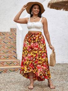 SHEIN VCAY 全身花卉印花波浪邊裝飾,打結側邊的夏季裙子 - 彩色 - 查看 3