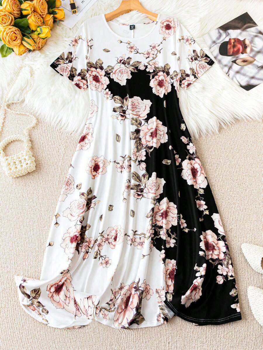 大码女式花卉印花圆领短袖连衣裙女装白色花卉连衣裙花朵连衣裙女式夏季 - 彩色 - 查看 1