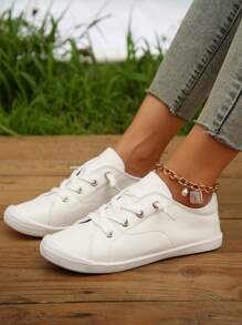 Women's 2024 Spring & Summer Casual Lightweight Versatile Slip-On Lace-Up Sneakers - White - View 3