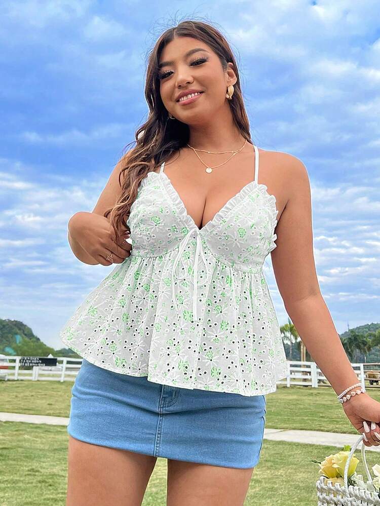 Plus Size Cute Printed Embroidered Ruffle Hem Criss-Cross Camisole Top