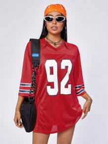 SHEIN EZwear 有數字的網眼拼接運動球衣連衣裙 - 紅色 - 查看 6