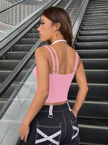 SHEIN EZwear 夏季顏色拼接設計連帽上衣和短褲,修身版型 - 粉色 - 查看 2