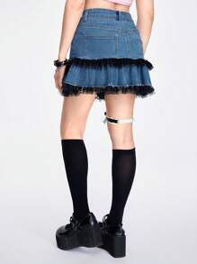 ROMWE Kawaii Women's Bow Decorated Contrast Mesh Ruffle Hem Denim Skirt - Blue - View 4