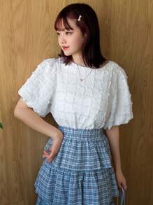 FRIFUL Women's Round Neck Solid Color Bubble Sleeve Fashionable And Versatile Spring/Summer Short Sleeve T-Shirt
