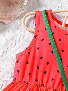 SHEIN Young Girls' Cute Watermelon Printed Ombre Sleeveless Dress With Bag, Summer