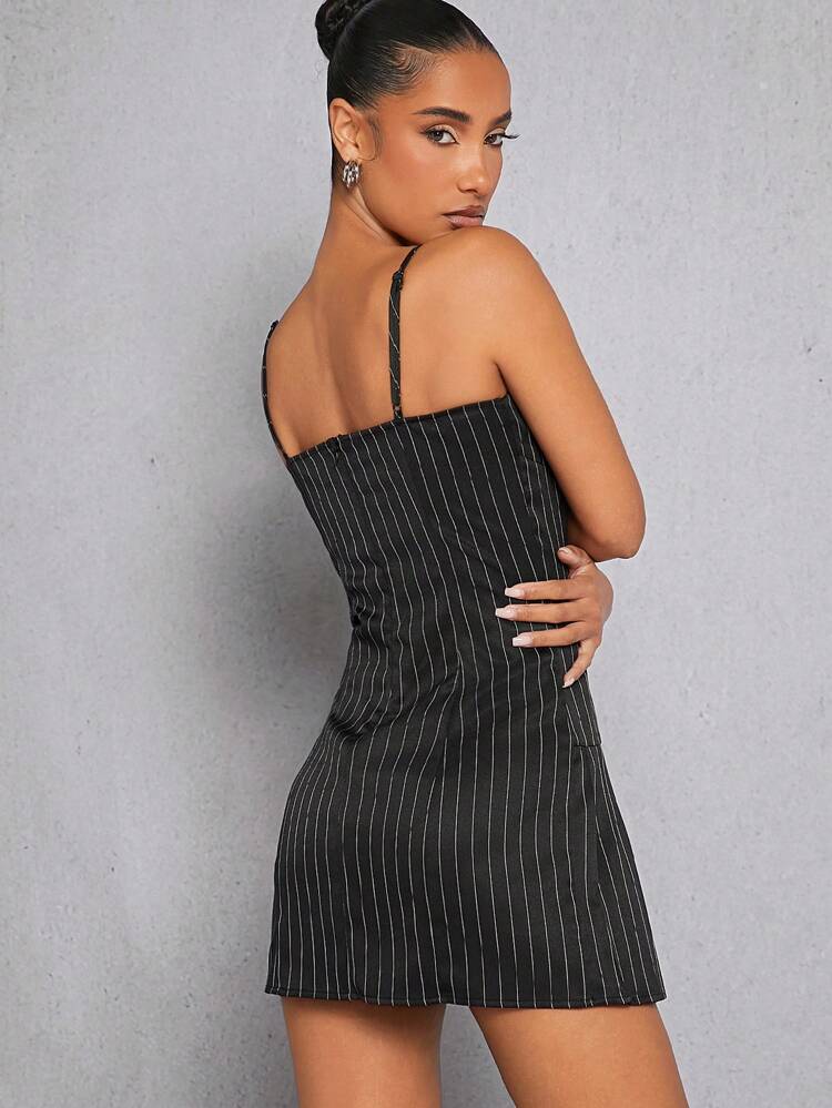 Pinstripe Contrast Waist Split Dress