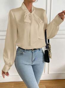 Chiquease 女士春夏裝優雅長袖綁領襯衫 - 杏色 - 查看 6