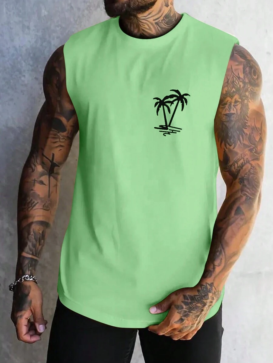 Manfinity RSRT Canotta stampata con palme da cocco, adatta a sport e abbigliamento casual estivo da uomo