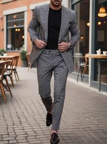 Manfinity Mode Men'S Double-Breasted Suit Set With Lapel Collar - Dark Grey - View 1