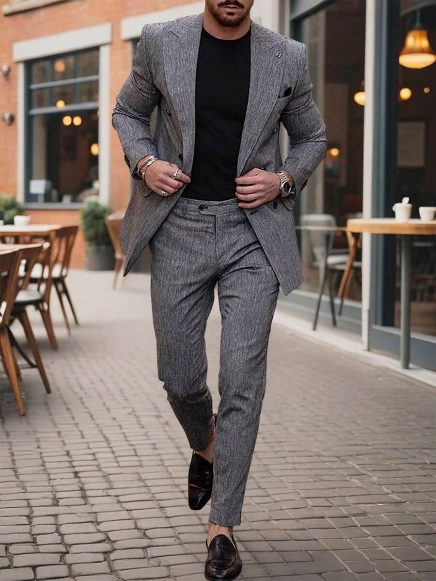 Manfinity Mode Men'S Double-Breasted Suit Set With Lapel Collar - Dark Grey - View 1