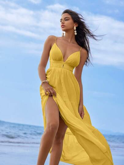 Anewsta Holiday Style Beach Romantic Pleated Women's Comfortable Satin V-Neck Spaghetti Strap Bodycon Hollow Out Dress