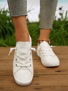 Women's 2024 Spring & Summer Casual Lightweight Versatile Slip-On Lace-Up Sneakers - White - View 1