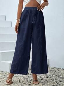 SHEIN VCAY 女士夏季度假花卉印花宽松阔腿女裤长裤 - 藏蓝色 - 查看 3