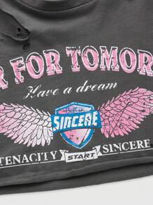 ROMWE PUNK Slogan Graphic Ripped Drop Shoulder Crop Top CHEER FOR TOMORROW Have A Dream BETTER SINCERE TENACITY START SINCERE - Grey - View 4