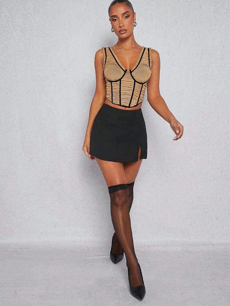 Contrast Binding Corset Ruched Top