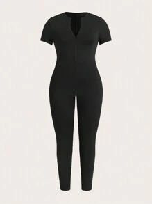 Slaydiva 女士加大码连体裤，适合日常和休闲穿着。修身拉链短袖踝长连体裤 - 黑色 - 查看 3