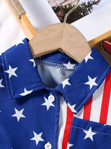 SHEIN 少女返校季休閒度假美國國旗印花短袖扭結前立領襯衫，夏季 - 藍色 - 查看 3