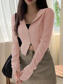 DAZY Của phụ nữ Màu thuần Dây kéo mặt trước Ngắn Thon gọn Hoodie Với Tay áo dài , Thích hợp Cho mùa xuân Và Mùa thu - Màu Hồng baby - Xem 1