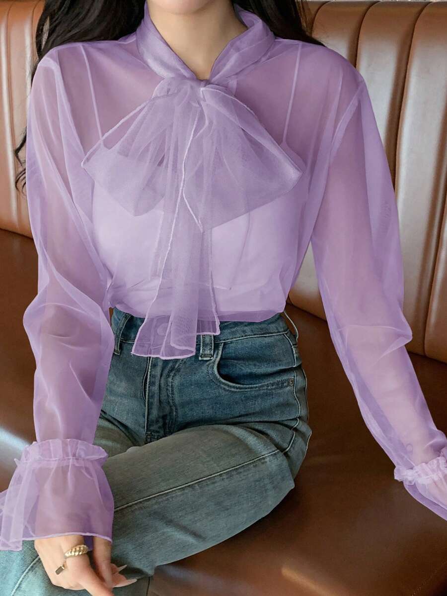 DAZY Women's Solid Color Collared See-Through Shirt With Tie Detail Long Sleeve Women - Purple - View 1
