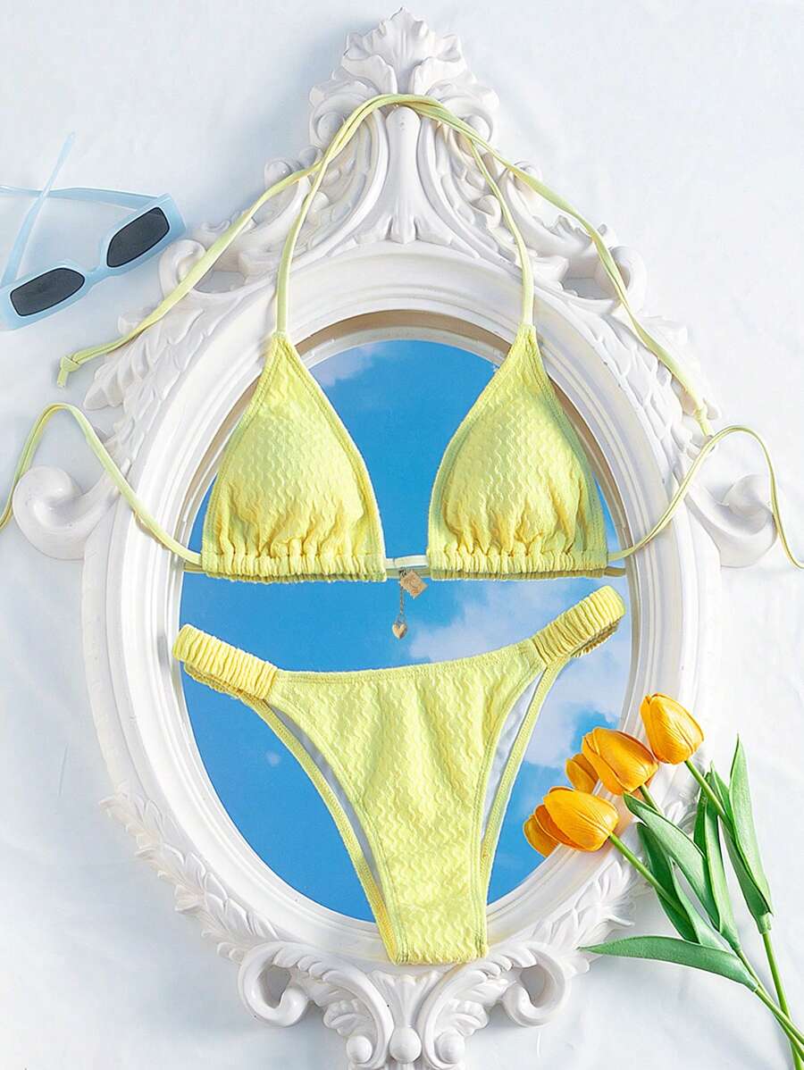 Swim Mod Solid Color Textured Halter Neck Bikini Set - Two-Piece , Summer Beach - Yellow - View 1